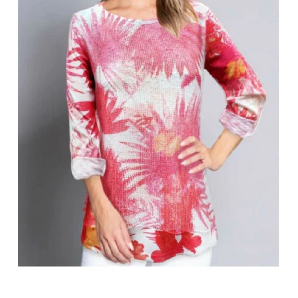 Ali Miles Sz L Floral Mesh Overlay 3/4 Sleeve Top